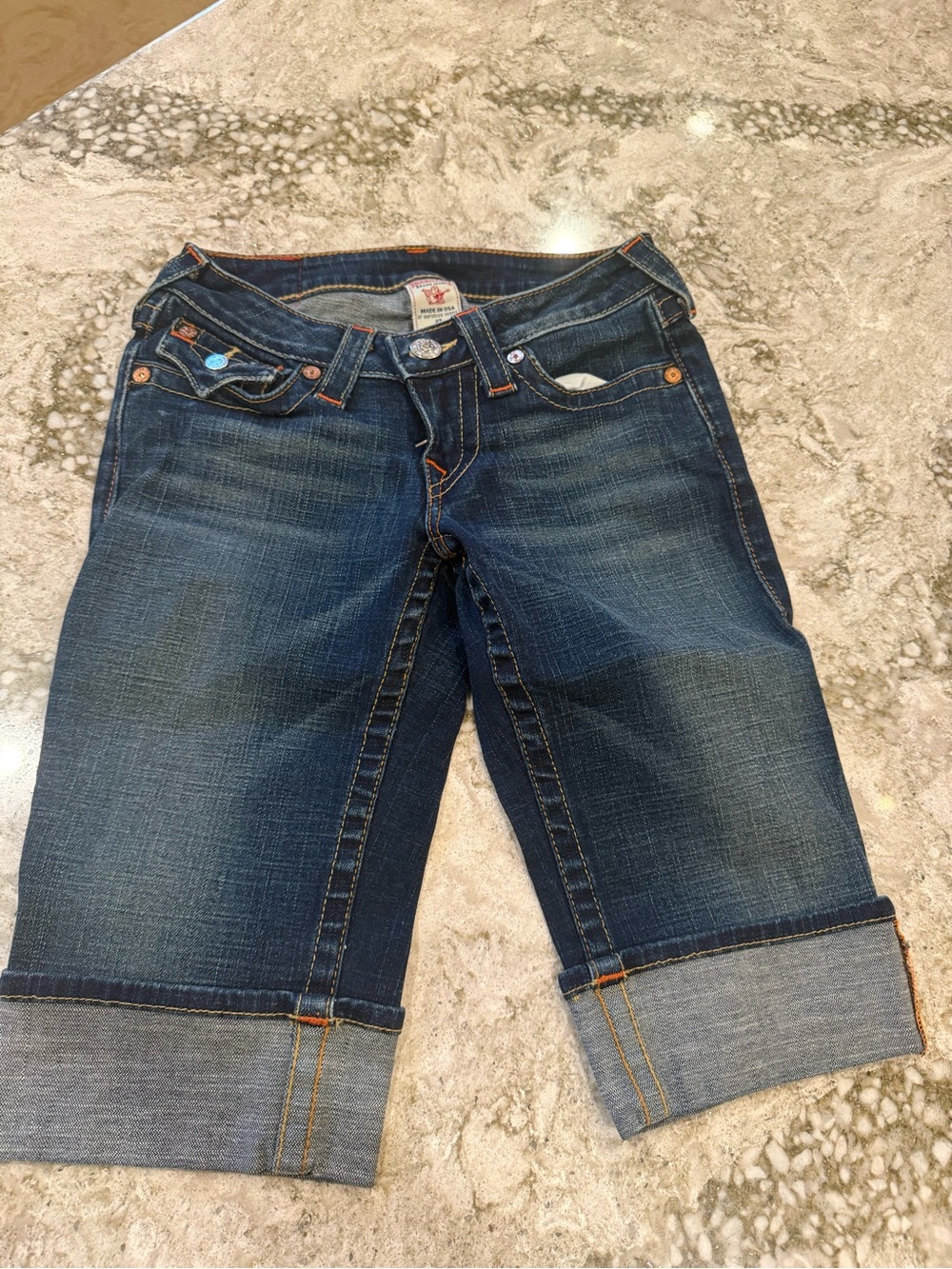 True Religion Dark Blue Cuffed Denim Bermuda Shorts
